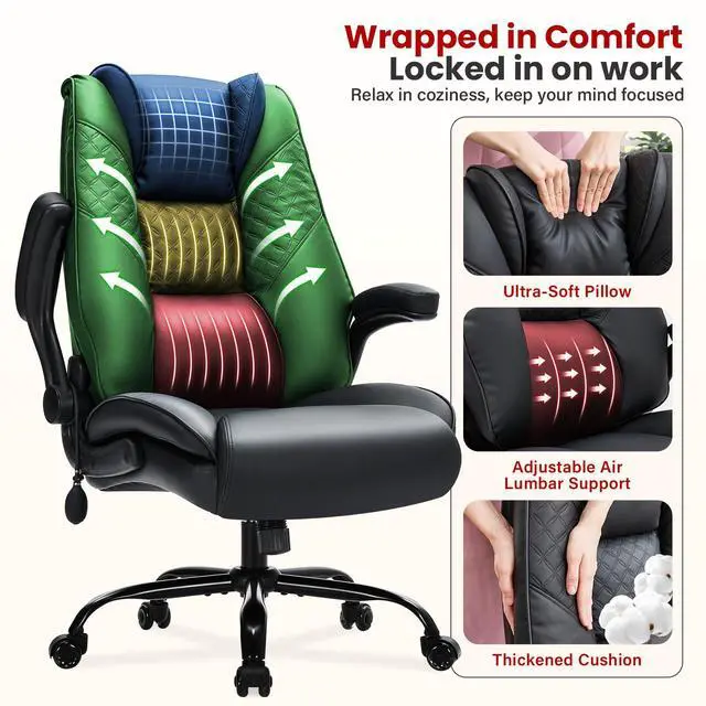 Alt view image 4 of 7 - CLOMAN Big and Tall Office Chair 500lbs with Air Lumbar Support,Wide Seat Executive Chair with Flip Up Arms & Rocking Function,Heavy Duty Comfy Desk Chair,Black