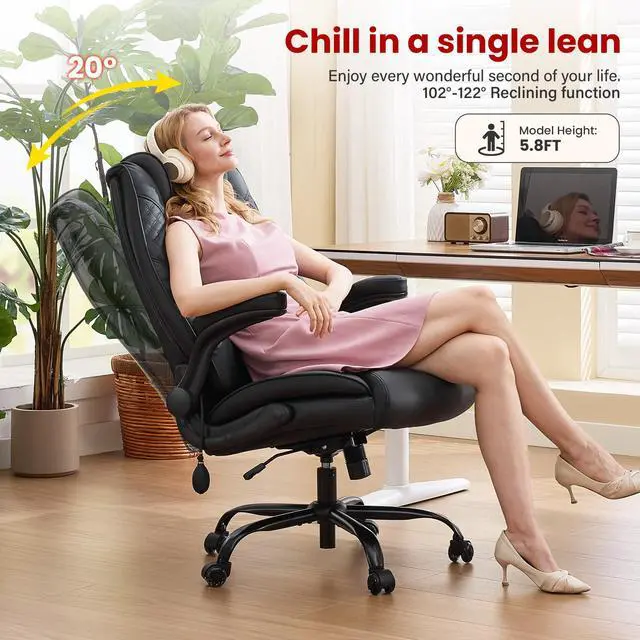 Alt view image 6 of 7 - CLOMAN Big and Tall Office Chair 500lbs with Air Lumbar Support,Wide Seat Executive Chair with Flip Up Arms & Rocking Function,Heavy Duty Comfy Desk Chair,Black