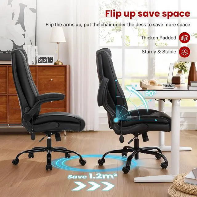 Alt view image 7 of 7 - CLOMAN Big and Tall Office Chair 500lbs with Air Lumbar Support,Wide Seat Executive Chair with Flip Up Arms & Rocking Function,Heavy Duty Comfy Desk Chair,Black