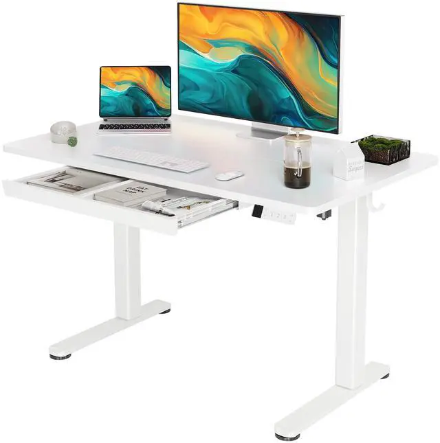 Main image of Electric Standing Desk 48 x 24 Inch with Drawer White | Industrial steel frame supports 176 lbs, 28.3 to 46.5 inch height range, quiet 45 dB motor, 25.6 x 12.6 inch storage drawer