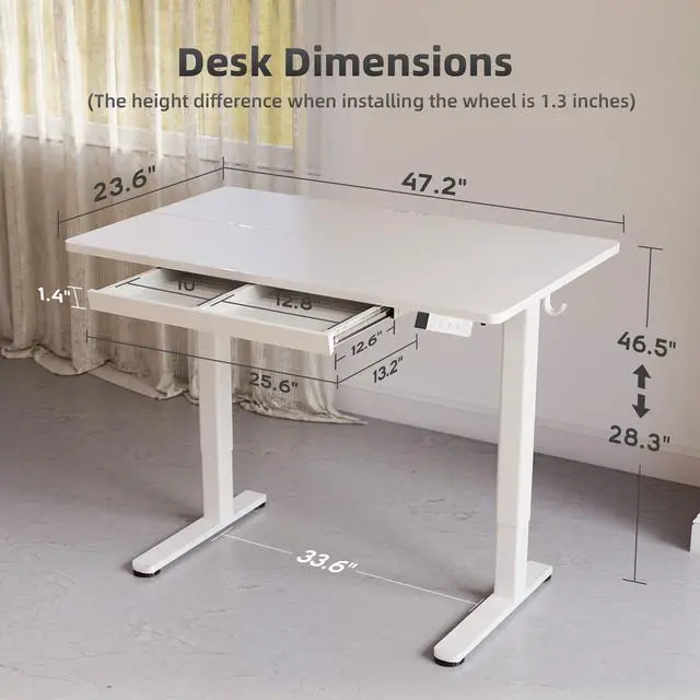 Alt view image 3 of 7 - Electric Standing Desk 48 x 24 Inch with Drawer White | Industrial steel frame supports 176 lbs, 28.3 to 46.5 inch height range, quiet 45 dB motor, 25.6 x 12.6 inch storage drawer
