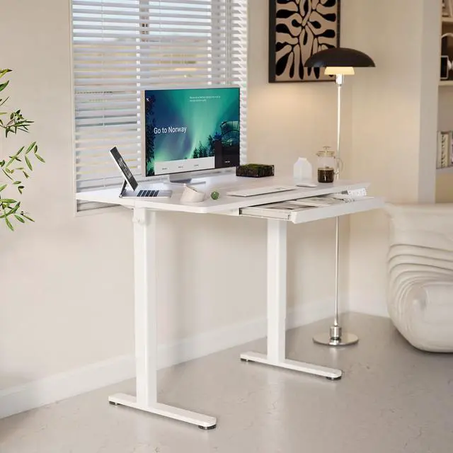 Alt view image 2 of 7 - Electric Standing Desk 48 x 24 Inch with Drawer White | Industrial steel frame supports 176 lbs, 28.3 to 46.5 inch height range, quiet 45 dB motor, 25.6 x 12.6 inch storage drawer