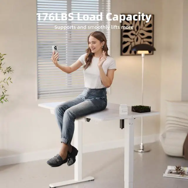Alt view image 7 of 7 - Electric Standing Desk 48 x 24 Inch with Drawer White | Industrial steel frame supports 176 lbs, 28.3 to 46.5 inch height range, quiet 45 dB motor, 25.6 x 12.6 inch storage drawer
