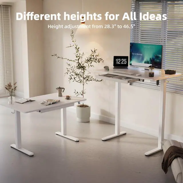 Alt view image 4 of 7 - Electric Standing Desk 48 x 24 Inch with Drawer White | Industrial steel frame supports 176 lbs, 28.3 to 46.5 inch height range, quiet 45 dB motor, 25.6 x 12.6 inch storage drawer