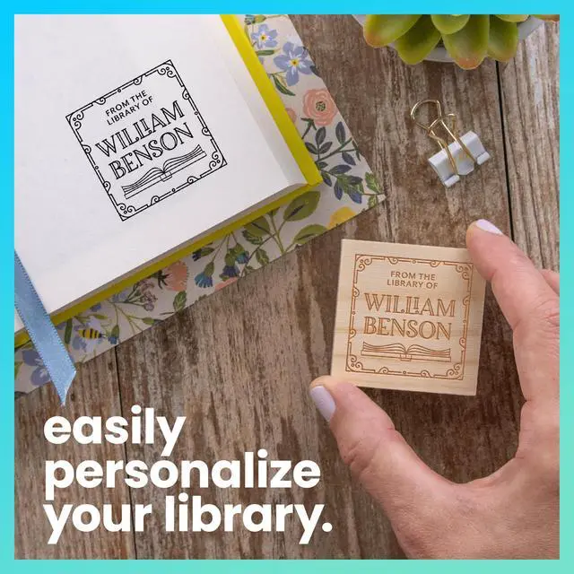 Alt view image 4 of 7 - Personalized Book Embossers & Stamps - Personalize a Book Embosser, Wood Stamp, or Self-Inking Mount (Deco Border, Square)