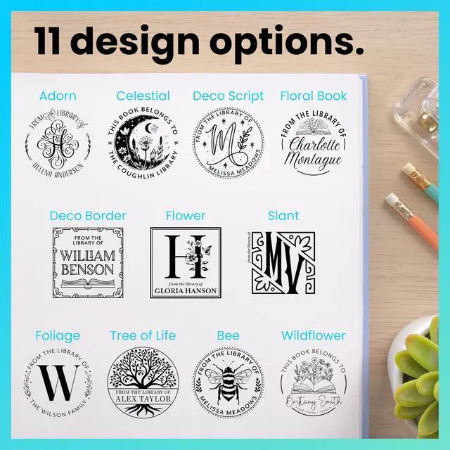 Alt view image 7 of 7 - Personalized Book Embossers & Stamps - Personalize a Book Embosser, Wood Stamp, or Self-Inking Mount (Deco Border, Square)