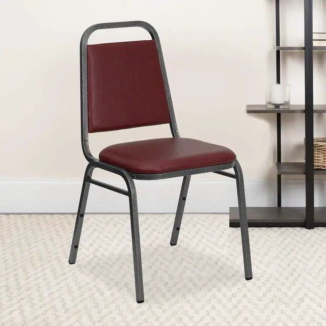 Main image of Burgundy Vinyl Trapezoidal Back Stacking Banquet Chair | Silver Vein Frame, Vinyl Upholstery