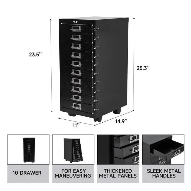 Alt view image 4 of 7 - File Cabinet Mini 10 Tier Metal File Organizer Document Organizer with Wheel, Black Color, for Home Office, Office Desk File
