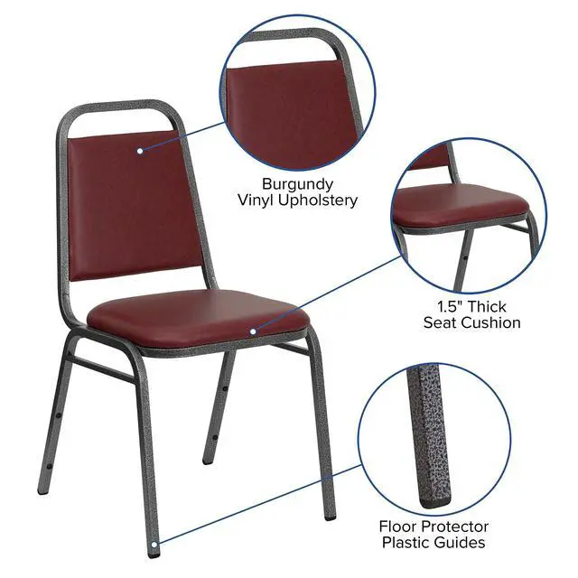 Alt view image 4 of 7 - Burgundy Vinyl Trapezoidal Back Stacking Banquet Chair | Silver Vein Frame, Vinyl Upholstery
