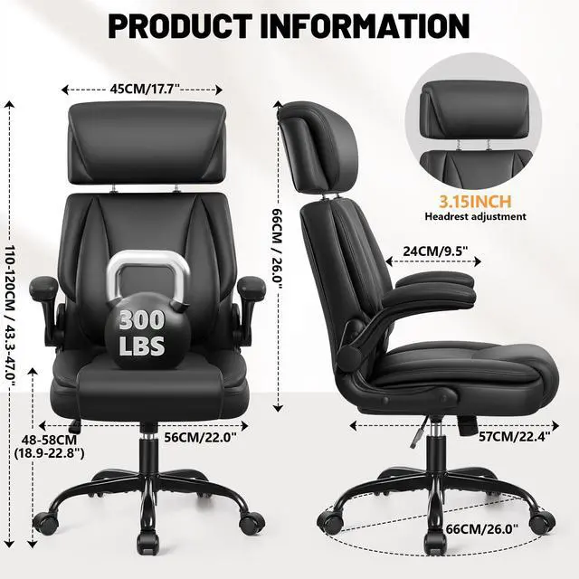 Alt view image 2 of 7 - Ergonomic Office Chair, PU Leather Executive Desk Chair with Adjustable Headrest, Flip-Up Arms and Lumbar Support, High Back Computer Chair for Home Office, Remote Work, Gaming, Black