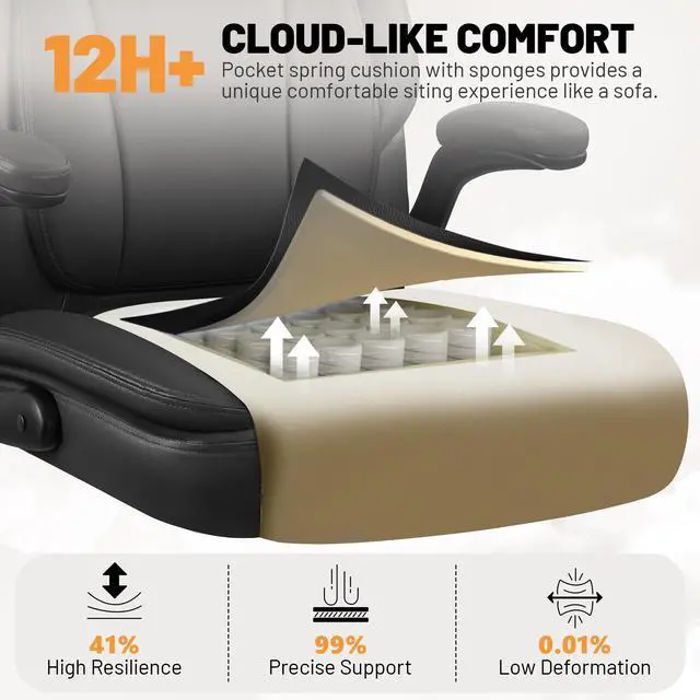 Alt view image 3 of 7 - Ergonomic Office Chair, PU Leather Executive Desk Chair with Adjustable Headrest, Flip-Up Arms and Lumbar Support, High Back Computer Chair for Home Office, Remote Work, Gaming, Black