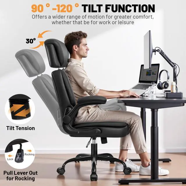 Alt view image 4 of 7 - Ergonomic Office Chair, PU Leather Executive Desk Chair with Adjustable Headrest, Flip-Up Arms and Lumbar Support, High Back Computer Chair for Home Office, Remote Work, Gaming, Black