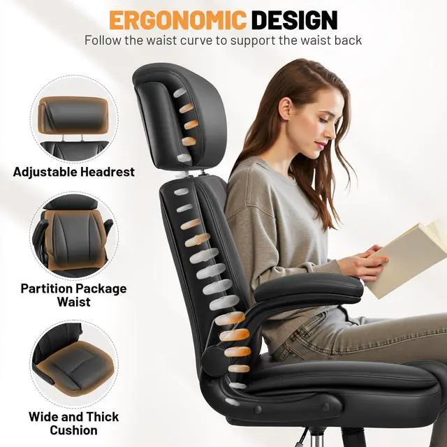 Alt view image 5 of 7 - Ergonomic Office Chair, PU Leather Executive Desk Chair with Adjustable Headrest, Flip-Up Arms and Lumbar Support, High Back Computer Chair for Home Office, Remote Work, Gaming, Black