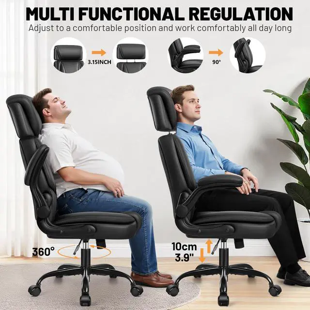 Alt view image 7 of 7 - Ergonomic Office Chair, PU Leather Executive Desk Chair with Adjustable Headrest, Flip-Up Arms and Lumbar Support, High Back Computer Chair for Home Office, Remote Work, Gaming, Black