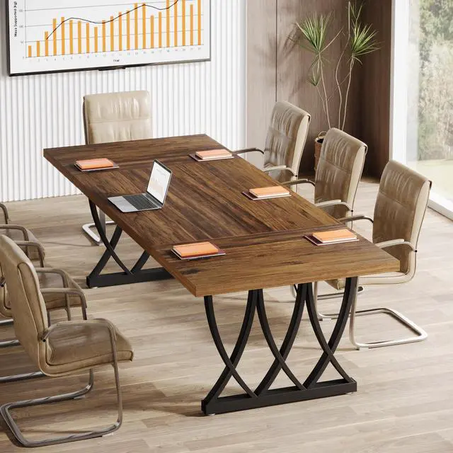 Main image of 6 ft Conference Table for 6-8 People, 70.86-Inch Rectangle Meeting Seminar Table with Unique Curved Metal Support for Home Office (Without Chair, Retro Brown & Black) (1)