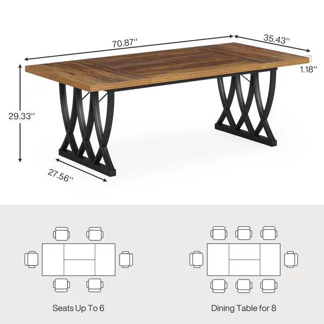 Alt view image 2 of 7 - 6 ft Conference Table for 6-8 People, 70.86-Inch Rectangle Meeting Seminar Table with Unique Curved Metal Support for Home Office (Without Chair, Retro Brown & Black) (1)