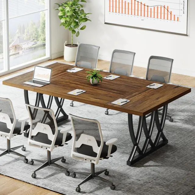 Alt view image 3 of 7 - 6 ft Conference Table for 6-8 People, 70.86-Inch Rectangle Meeting Seminar Table with Unique Curved Metal Support for Home Office (Without Chair, Retro Brown & Black) (1)