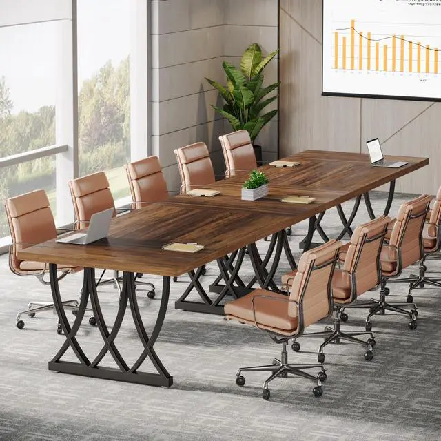 Alt view image 4 of 7 - 6 ft Conference Table for 6-8 People, 70.86-Inch Rectangle Meeting Seminar Table with Unique Curved Metal Support for Home Office (Without Chair, Retro Brown & Black) (1)