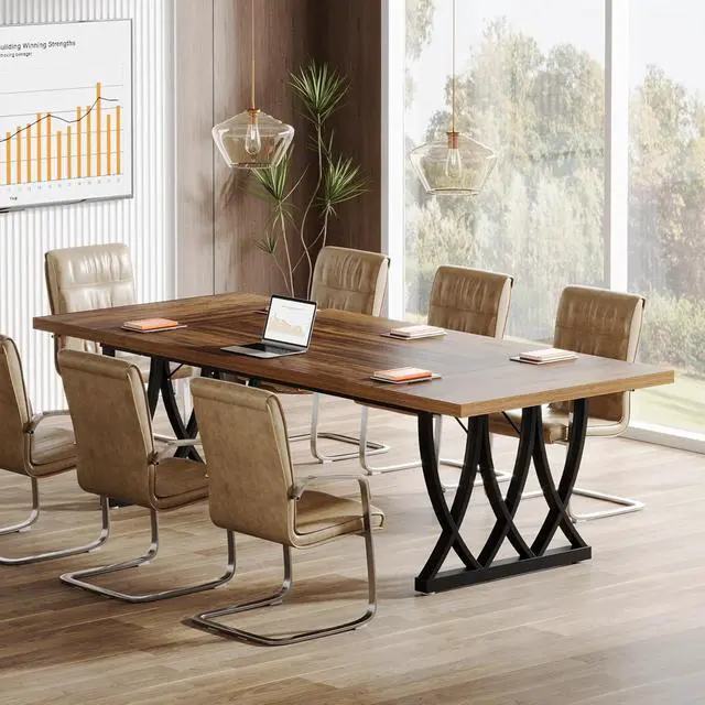 Alt view image 5 of 7 - 6 ft Conference Table for 6-8 People, 70.86-Inch Rectangle Meeting Seminar Table with Unique Curved Metal Support for Home Office (Without Chair, Retro Brown & Black) (1)