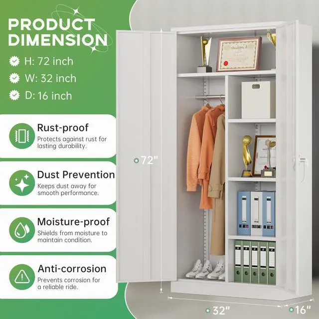 Alt view image 3 of 7 - Metal Wardrobe Closet, 71" White Locking Storage Wardrobe Cabinet with Doors and Shelves, Tall Steel Clothes Storage for Office, Home, School, Gym