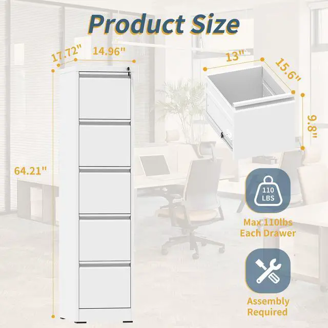 Alt view image 2 of 7 - 5 Drawer File Cabinet with Lock, Vertical Filing Cabinets for Home Office, Metal Storage Cabinets, Heavy Duty File Cabinet for Letter/Legal/A4/F4 Size Amsseble Required, White