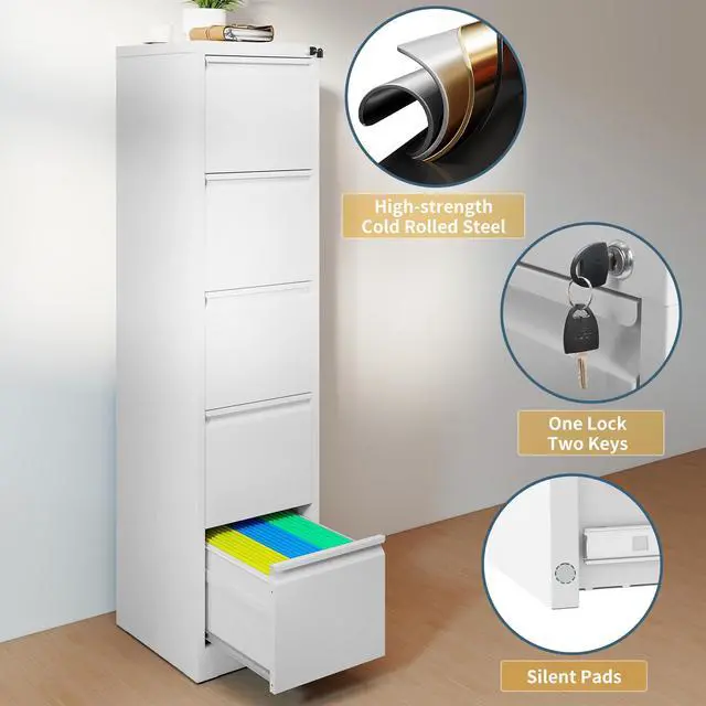Alt view image 4 of 7 - 5 Drawer File Cabinet with Lock, Vertical Filing Cabinets for Home Office, Metal Storage Cabinets, Heavy Duty File Cabinet for Letter/Legal/A4/F4 Size Amsseble Required, White