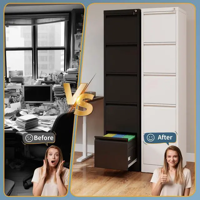 Alt view image 7 of 7 - 5 Drawer File Cabinet with Lock, Vertical Filing Cabinets for Home Office, Metal Storage Cabinets, Heavy Duty File Cabinet for Letter/Legal/A4/F4 Size Amsseble Required, White