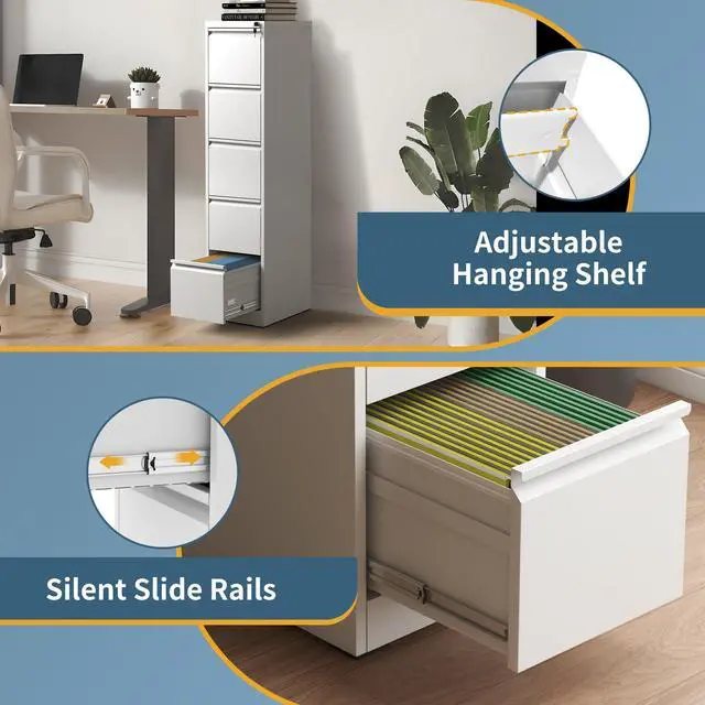 Alt view image 6 of 7 - 5 Drawer File Cabinet with Lock, Vertical Filing Cabinets for Home Office, Metal Storage Cabinets, Heavy Duty File Cabinet for Letter/Legal/A4/F4 Size Amsseble Required, White