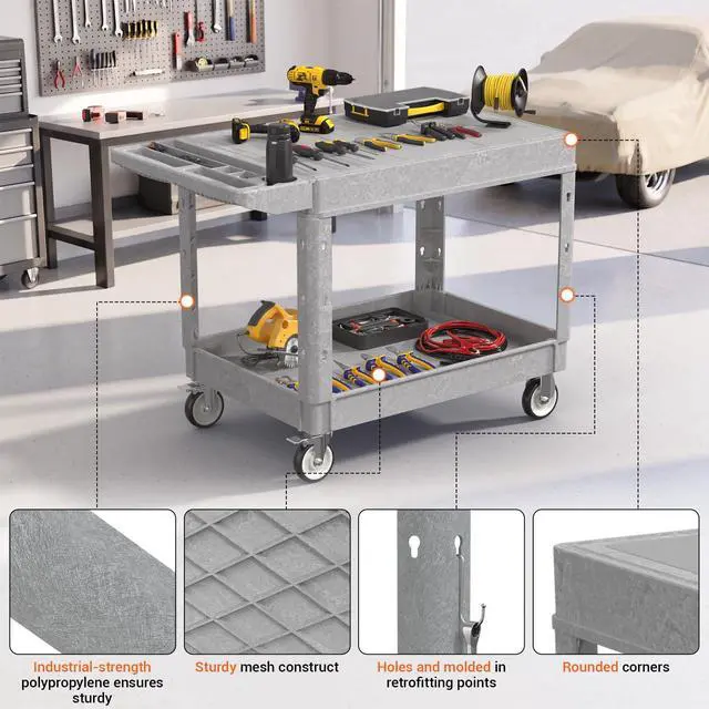 Alt view image 3 of 7 - 46 x 25 Inch Utility Rolling Storage Cart with Flat Top, Grey | 1000 Lbs Capacity, Tool Cart with 360° Swivel Wheels, 2 Shelf Work Cart with Sturdy Platform for Grocery, Cleaning, Garage