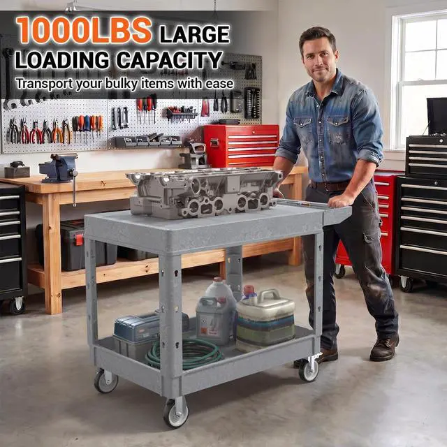 Alt view image 4 of 7 - 46 x 25 Inch Utility Rolling Storage Cart with Flat Top, Grey | 1000 Lbs Capacity, Tool Cart with 360° Swivel Wheels, 2 Shelf Work Cart with Sturdy Platform for Grocery, Cleaning, Garage