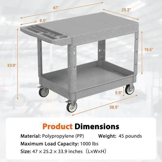 Alt view image 5 of 7 - 46 x 25 Inch Utility Rolling Storage Cart with Flat Top, Grey | 1000 Lbs Capacity, Tool Cart with 360° Swivel Wheels, 2 Shelf Work Cart with Sturdy Platform for Grocery, Cleaning, Garage