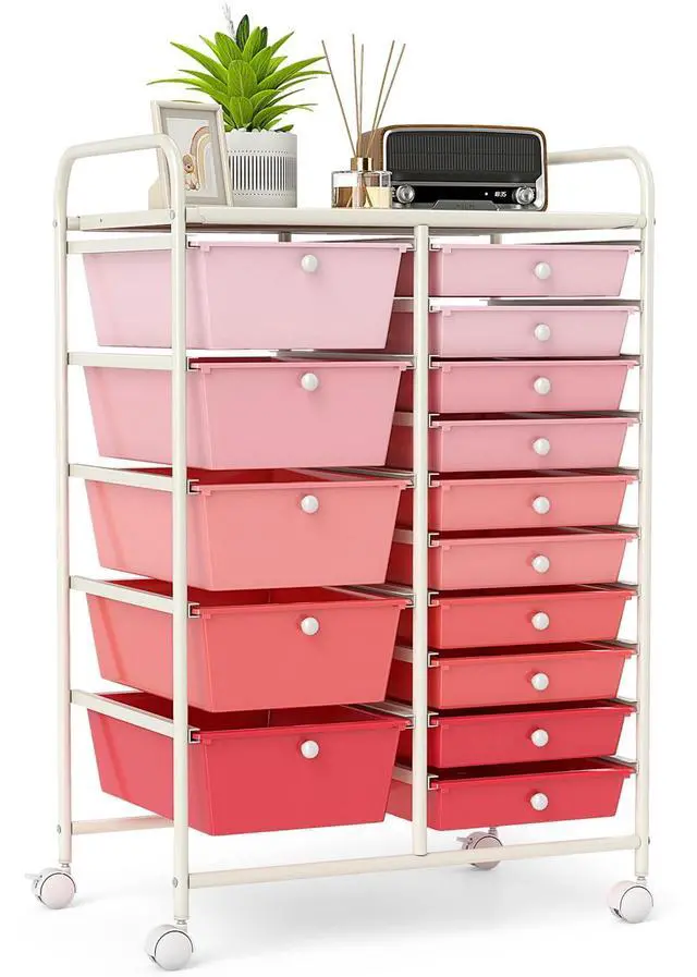 Main image of 15-Drawer Rolling Storage Cart, Mobile Utility Cart on Wheels, Removable & 2-Sized Storage Drawers for Home, Study, Office, School,Paper Organizer (Pink)