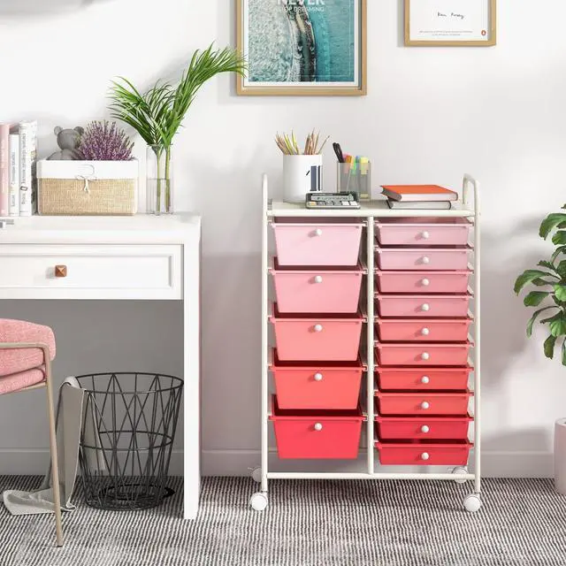 Alt view image 2 of 7 - 15-Drawer Rolling Storage Cart, Mobile Utility Cart on Wheels, Removable & 2-Sized Storage Drawers for Home, Study, Office, School,Paper Organizer (Pink)
