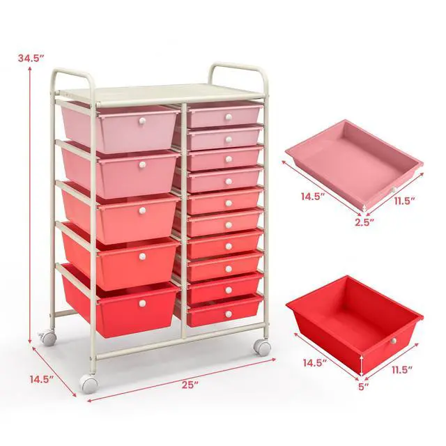 Alt view image 3 of 7 - 15-Drawer Rolling Storage Cart, Mobile Utility Cart on Wheels, Removable & 2-Sized Storage Drawers for Home, Study, Office, School,Paper Organizer (Pink)