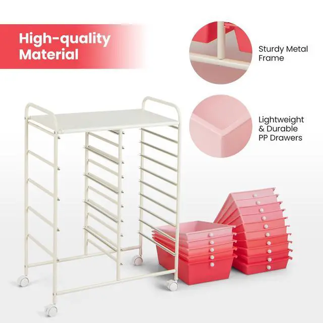 Alt view image 6 of 7 - 15-Drawer Rolling Storage Cart, Mobile Utility Cart on Wheels, Removable & 2-Sized Storage Drawers for Home, Study, Office, School,Paper Organizer (Pink)