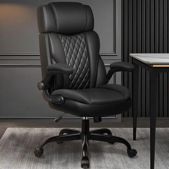 Alt view image 2 of 7 - Office Chair Flip Up Arms, Executive Leather Office Chair Ergonomic Desk Chair with Lumbar Support, Adjustable Headrest, Computer Chair Home Office Desk Chair with Rocking Function