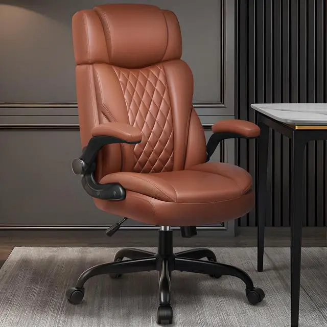 Alt view image 2 of 7 - Office Chair Flip Up Arms, Executive Leather Office Chair Ergonomic Desk Chair with Lumbar Support, Adjustable Headrest, Computer Chair Home Office Desk Chair with Rocking Function