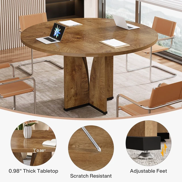 Alt view image 4 of 7 - 39" Round Conference Table for 4, Modern Round Meeting Table with Sturdy Base, Small Compact Conference Room Tables for Office, Training, or Negotiation (Vintage Brown)