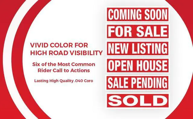 Alt view image 2 of 2 - Real Estate Sign Riders | Set of 6 Coroplast (Plastic) Printed Signs with Different Messages for Real Estate | 24x6 Inches | Red with White Text