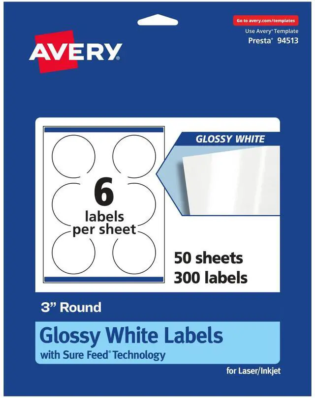Main image of Round Labels, Sure Feed Technology, 3" Diameter, 300 Glossy White Labels (36502)
