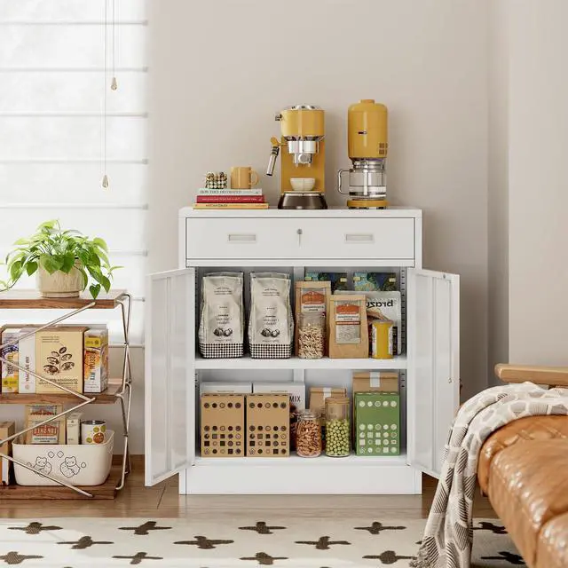 Alt view image 2 of 6 - Metal Storage Cabinet, Locking Storage Cabinet with 1 Drawer and Adjustable Shelf, 36" H x 28" W x 16" D White Metal Cabinets for Office, Home, Garage