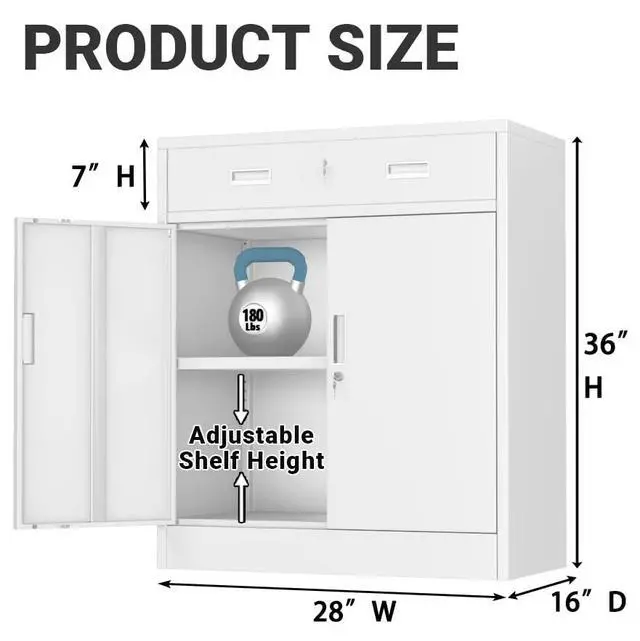 Alt view image 3 of 6 - Metal Storage Cabinet, Locking Storage Cabinet with 1 Drawer and Adjustable Shelf, 36" H x 28" W x 16" D White Metal Cabinets for Office, Home, Garage