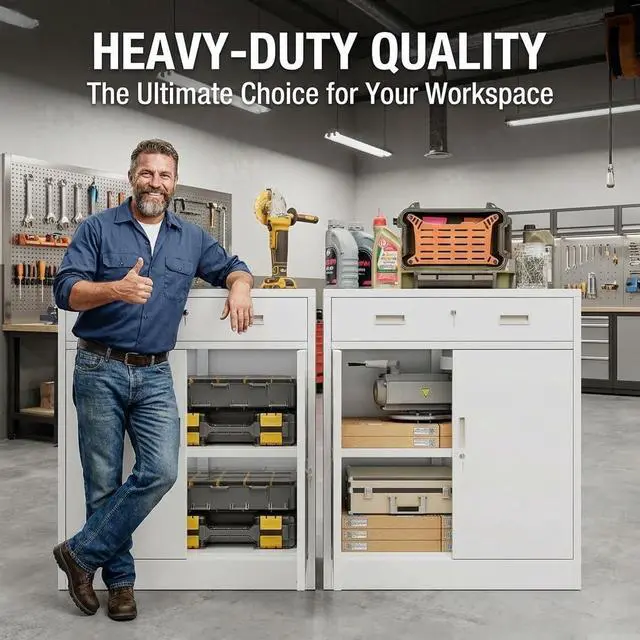Alt view image 4 of 6 - Metal Storage Cabinet, Locking Storage Cabinet with 1 Drawer and Adjustable Shelf, 36" H x 28" W x 16" D White Metal Cabinets for Office, Home, Garage