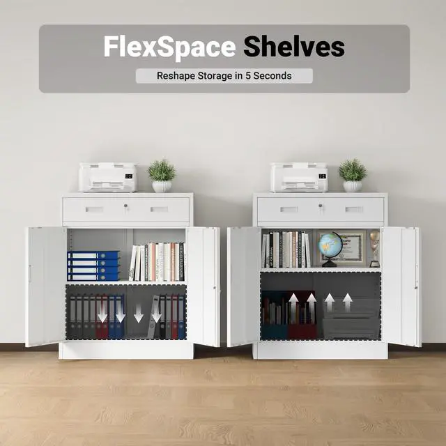 Alt view image 5 of 6 - Metal Storage Cabinet, Locking Storage Cabinet with 1 Drawer and Adjustable Shelf, 36" H x 28" W x 16" D White Metal Cabinets for Office, Home, Garage