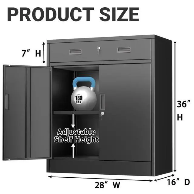 Alt view image 3 of 7 - Metal Storage Cabinet, Locking Storage Cabinet with 1 Drawer and Adjustable Shelf, 36" H x 28" W x 16" D Metal Cabinets for Office, Home, Garage -Black