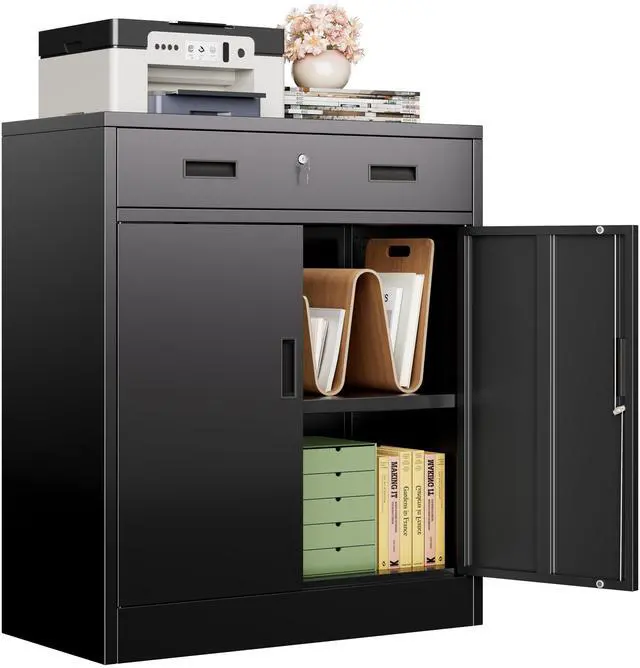 Main image of Metal Storage Cabinet, Locking Storage Cabinet with 1 Drawer and Adjustable Shelf, 36" H x 28" W x 16" D Metal Cabinets for Office, Home, Garage -Black
