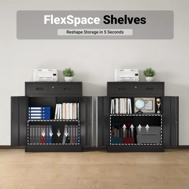Alt view image 4 of 7 - Metal Storage Cabinet, Locking Storage Cabinet with 1 Drawer and Adjustable Shelf, 36" H x 28" W x 16" D Metal Cabinets for Office, Home, Garage -Black