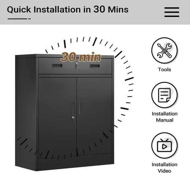 Alt view image 7 of 7 - Metal Storage Cabinet, Locking Storage Cabinet with 1 Drawer and Adjustable Shelf, 36" H x 28" W x 16" D Metal Cabinets for Office, Home, Garage -Black