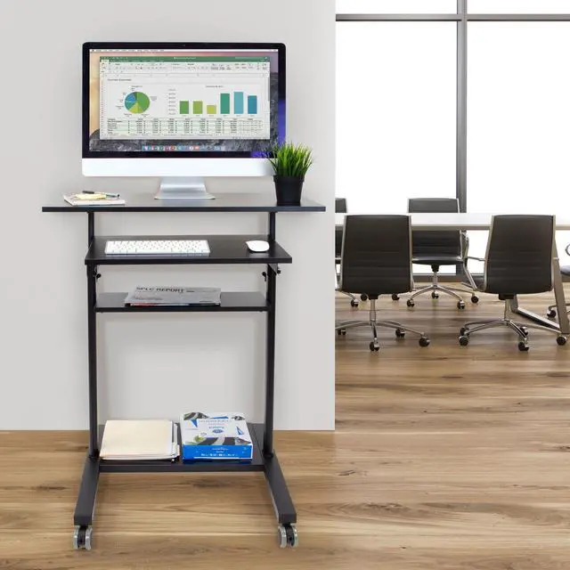 Alt view image 2 of 7 - Mobile Standing Desk with Retractable Keyboard Platform | Height Adjustable Stand Up Computer Workstation | Locking Wheels, 99 Lbs Capacity