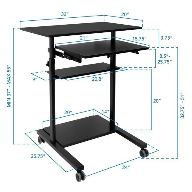 Alt view image 3 of 7 - Mobile Standing Desk with Retractable Keyboard Platform | Height Adjustable Stand Up Computer Workstation | Locking Wheels, 99 Lbs Capacity